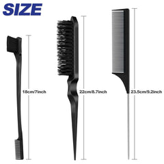 Qufiiry 3Pcs Slick Back Hair Brush Set, Double-Sided Edge Brush, Hard Bristle Brush and Rat Tail Hair Comb, Teasing Hair Edge Brushing, Slicking Hair for Women Men Kids