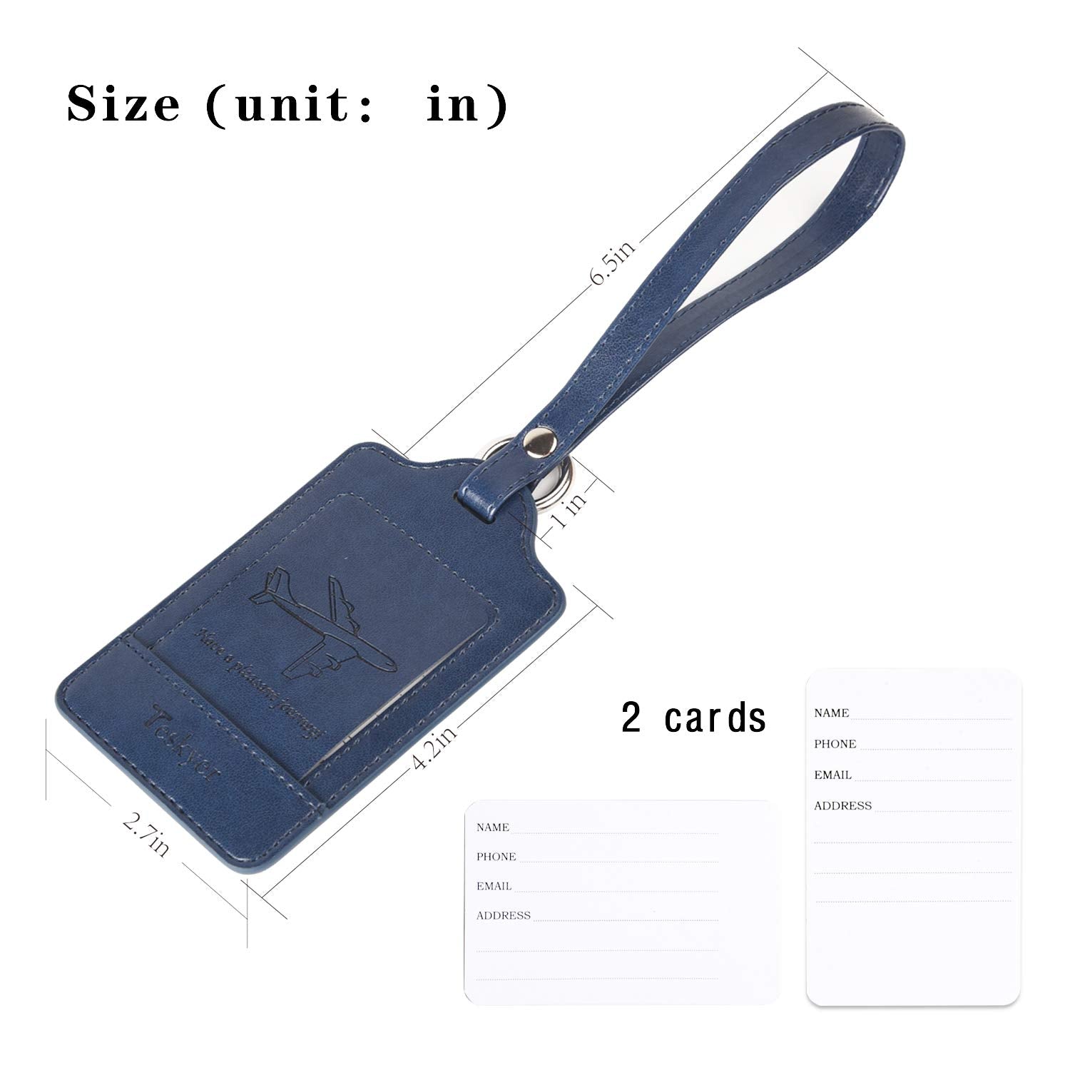 Teskyer Pack of 3 Luggage Tags, PU Leather Luggage Tags for Suitcases, Luggage Labels with Name ID Card, Noticeable, Durable, Travel Accessories, Blue