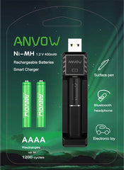 AAAA Batteries, ANVOW Rechargeable AAAA Batteries for Surface Pen Active Stylus, Ni-MH 1.2V 400mAh AAAA Battery and CP-C-001 Smart Charger Included