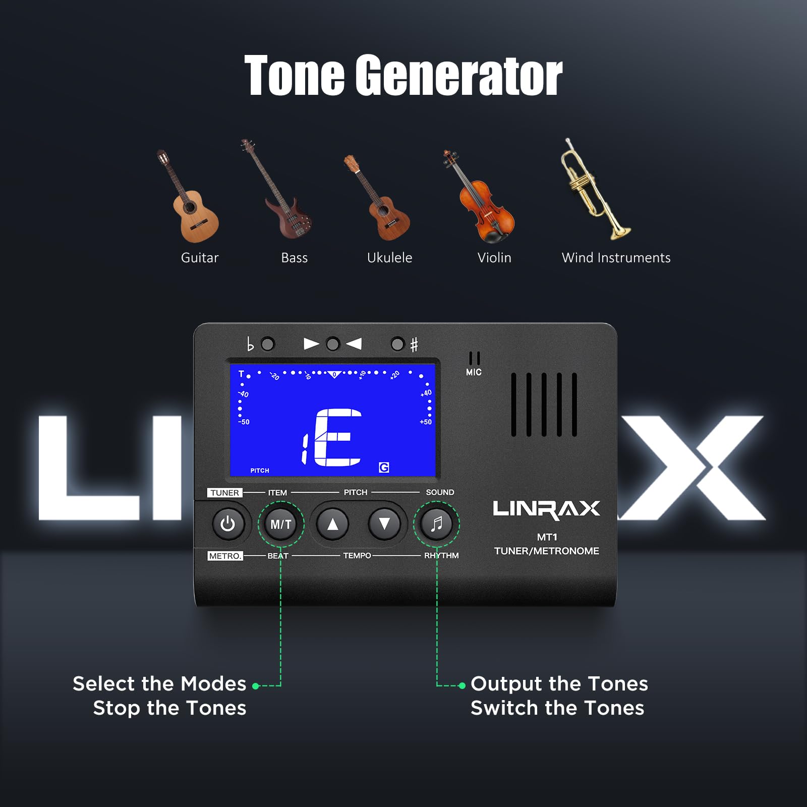 Linrax MT1 Metronome Tuner, 3 in 1 Digital Metronome Tuner Tone Generator for Guitar Bass Ukulele Violin Saxophone Trumpet Clarinet Flute, Precise Tempo and Beat, Chromatic Tuner for All Instruments