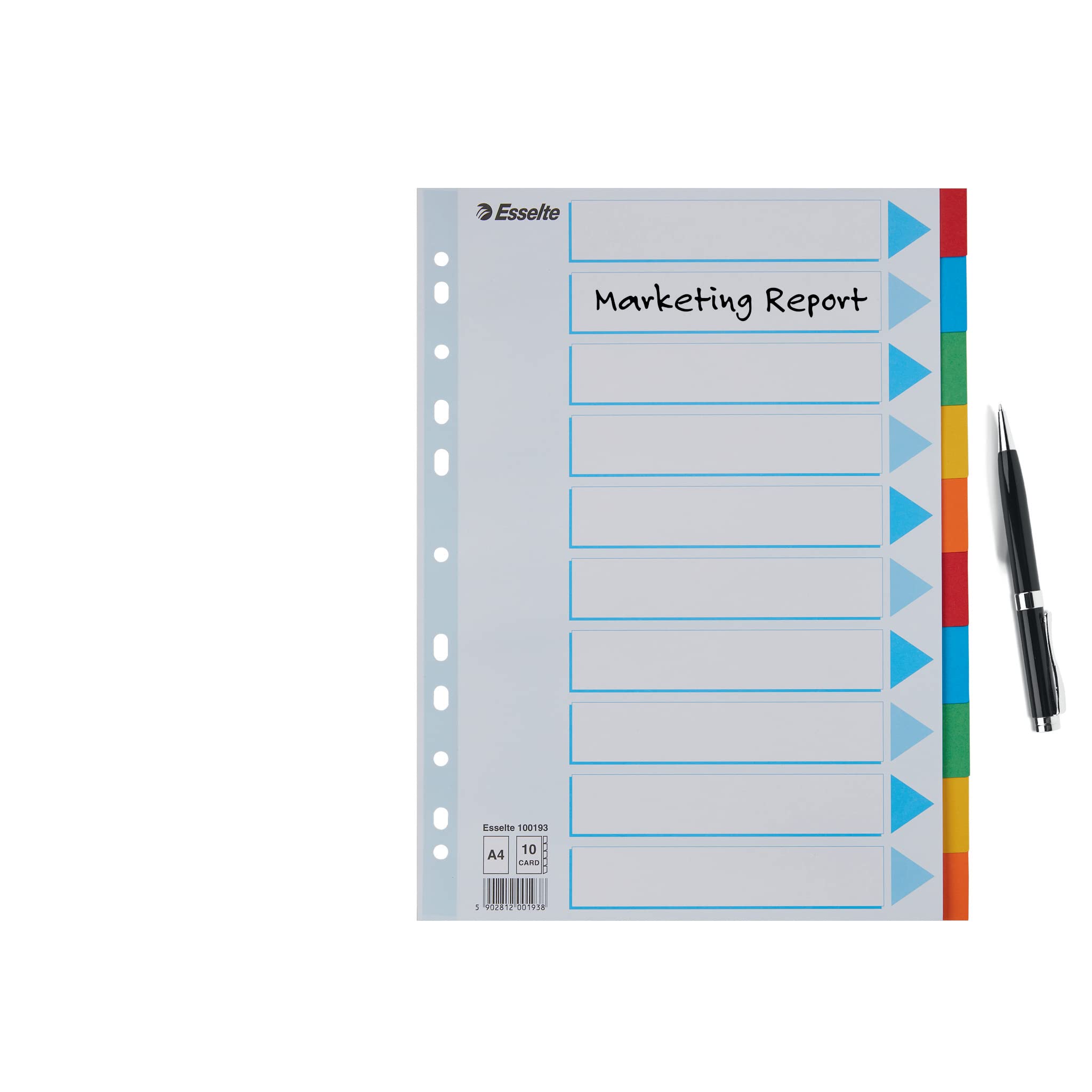 Esselte A4 Card File Dividers. 10 Parts Coloured Folder Dividers with identification front sheet, for Ring Binders and Lever Arch Files. Made from durable, recycled card