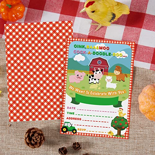 WERNNSAI Farm Party Invitations with Envelopes - 20 Count Farm Animals with Barnyard Tractor Invite Cards for Kids Boys Birthday Baby Shower Farm Themed Party Supplies