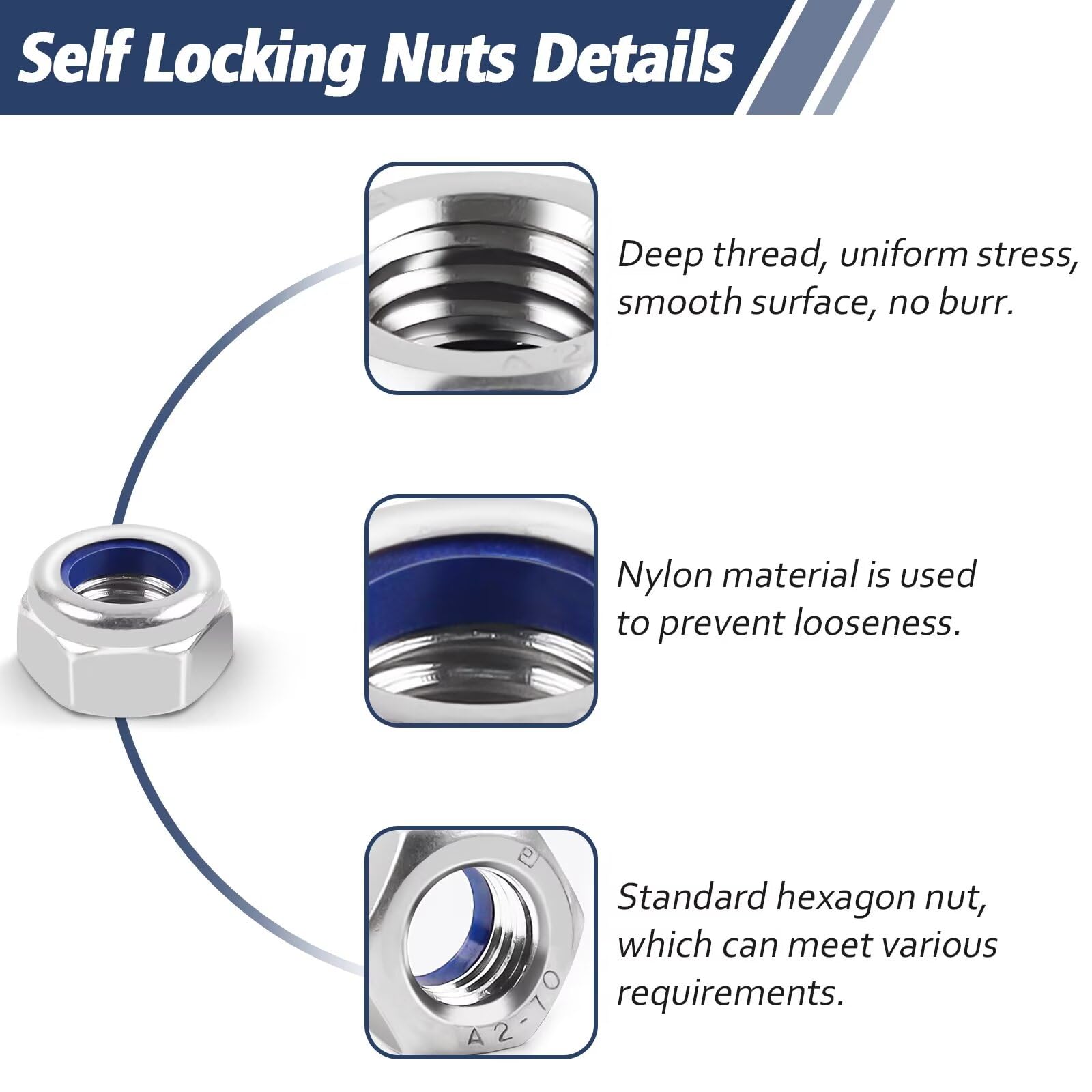 DIN985 M10 Nuts Nylock Nuts, Leryati 10 Piece Lock Nuts M10 Stainless Steel Hex Nuts A2 V2A Self Locking Nuts, Nylon Insert Lock Nut Kits Thread Lock Nuts Nyloc Hexagon Nut nutstones