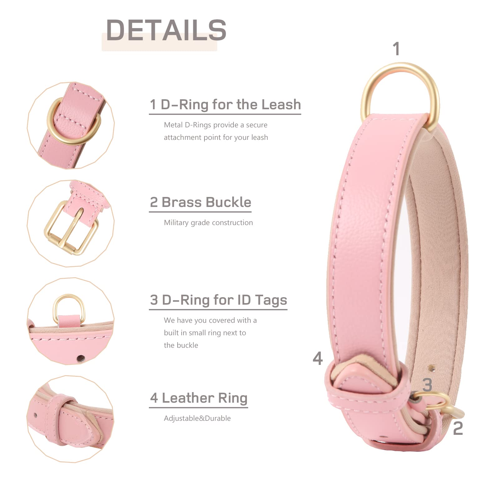 HEELE Soft Leather Dog Collar Puppy Small Dogs Breathable Padded with D Ring, Adjustable Classic Dog Pet Collar, Pink, XS