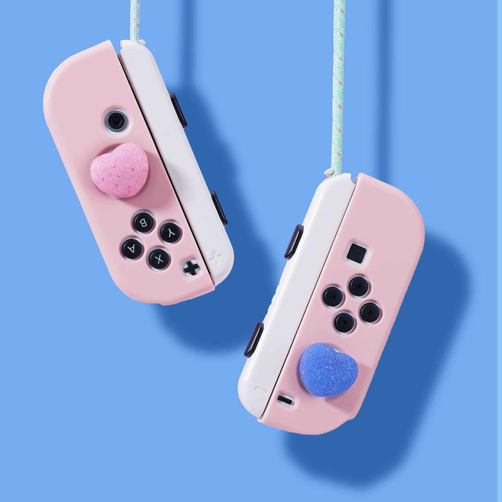 JINGDU Thumb Grip Caps for Switch Joy-Con, Cute Joystick Covers with 3D Pattern Cover Soft Adorable Silicone Analog 4Pcs Kit for Switch/OLED/Lite, Blue and Pink Heart