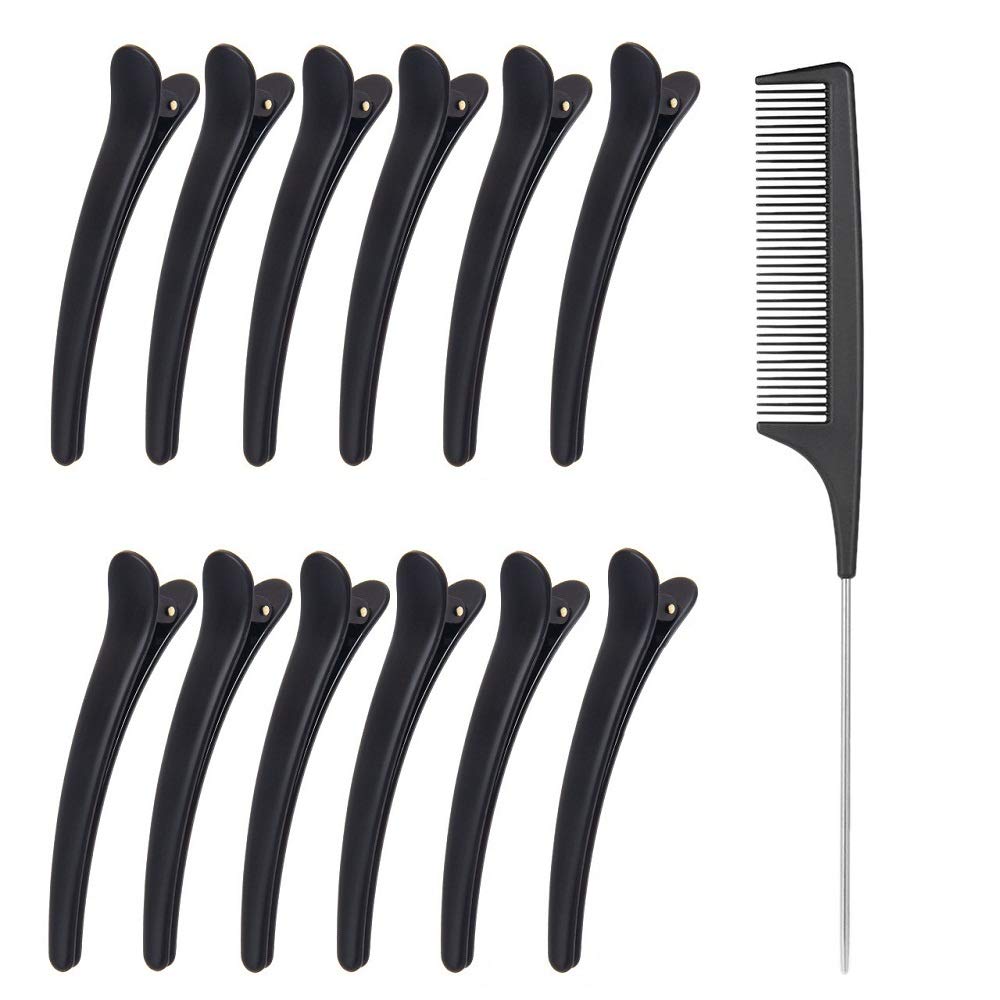 12pcs Hair Sectioning Clips and 1pcs Professional Anti-static Metal Tail Hair Comb, Makeup Hairdresser Clips for Styling of Women Girls Hairdressing Salon Tool Set