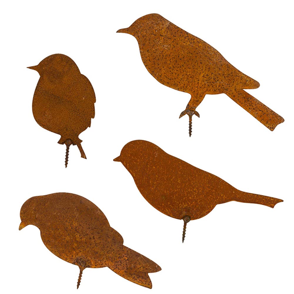 4 Pieces Rusty Birds Decoration,with Screw for Screwing in Wood,Lifelike Patina Metal Birds Garden Ornaments Silhouette Simulation Bird Figurine Home Decor Rustic Outdoor Garden Fence Decor