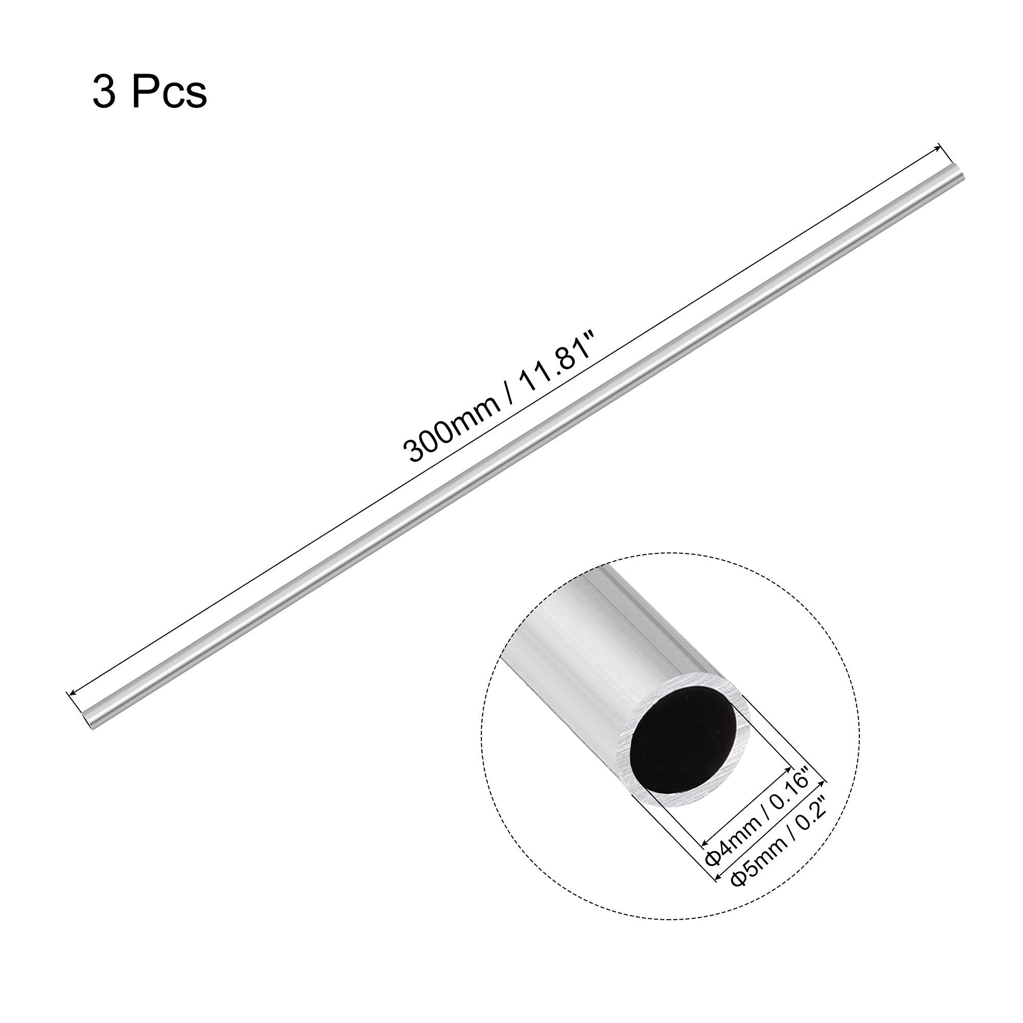 sourcing map 6063 Aluminum Round Tube 5mm OD 4mm Inner Dia 300mm Length Pipe Tubing 3 Pcs