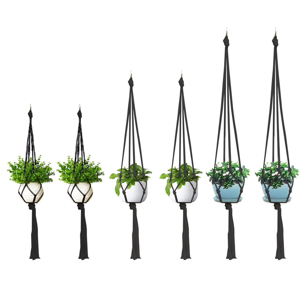 Macrame plant hanger, 6 Pack Black Indoor Outdoor Hanging Planter Flower Pot Basket Hanging Cotton Rope Handmade Wall Hanging Plant Holders (60cm *2, 80CM *2, 100cm*2)