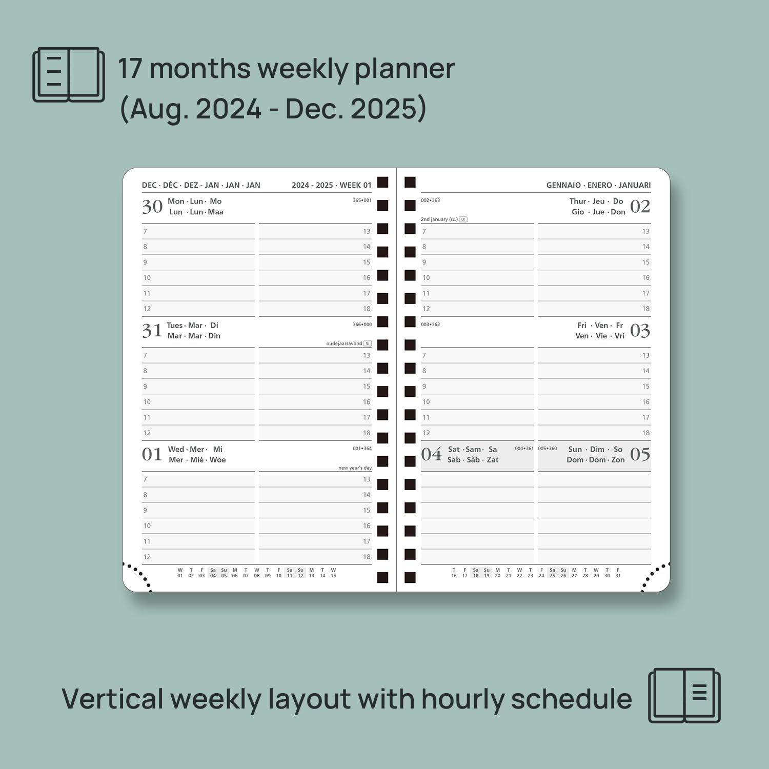 POPRUN Academic Pocket Diary 2024-2025 A6 (16x10.5 cm) Week to View Soft Cover Spiral 17 Months (Aug'24 - Dec'25) Small Diary,Mid Year Weekly PU Leather Planner (Blue Green)