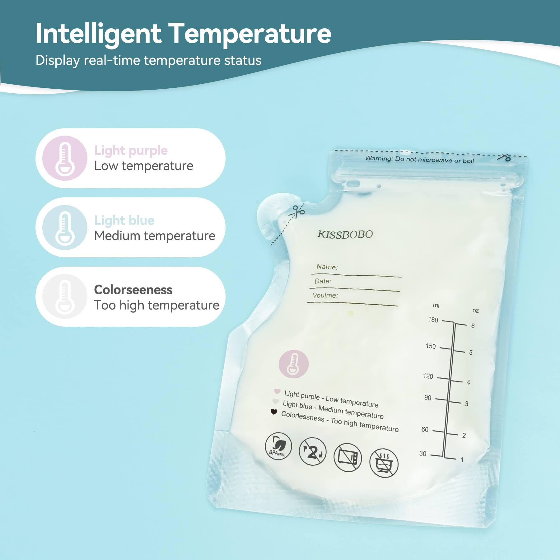 Breastmilk Storage Bags,Temperature Sensing Feature Breastfeeding Essentials Breast Milk Storage Bags for Freezer, Ready-to-Use,Self-Standing,BPA Free, with Pour Spout 60 Count, 180ML