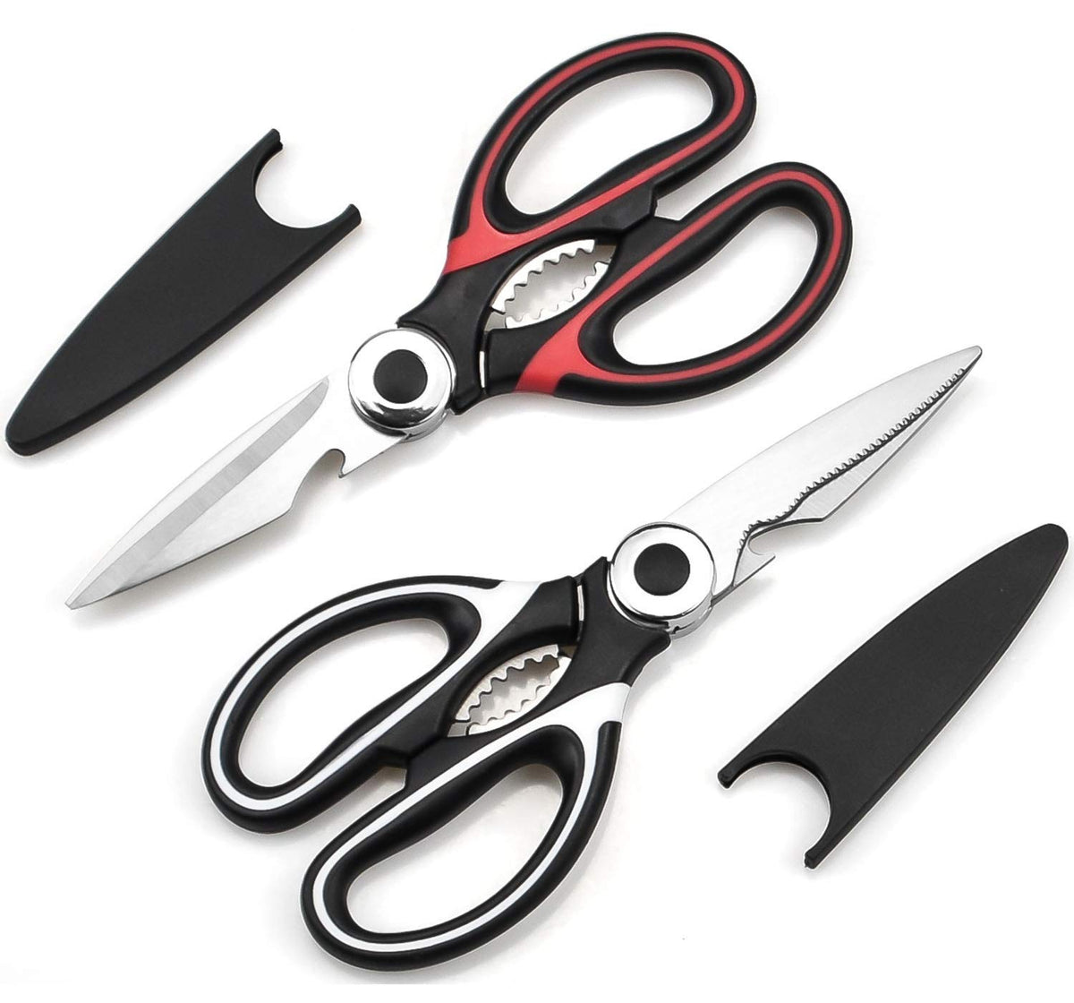 2 Pcs Kitchen Scissors, Heavy Duty Kitchen Scissors, Stainless Steel Kitchen Shear with Cover, Sharp Cooking Scissors for Meat Chicken Fish Nut Vegetable Herb, Bottle Opener (White & Red)