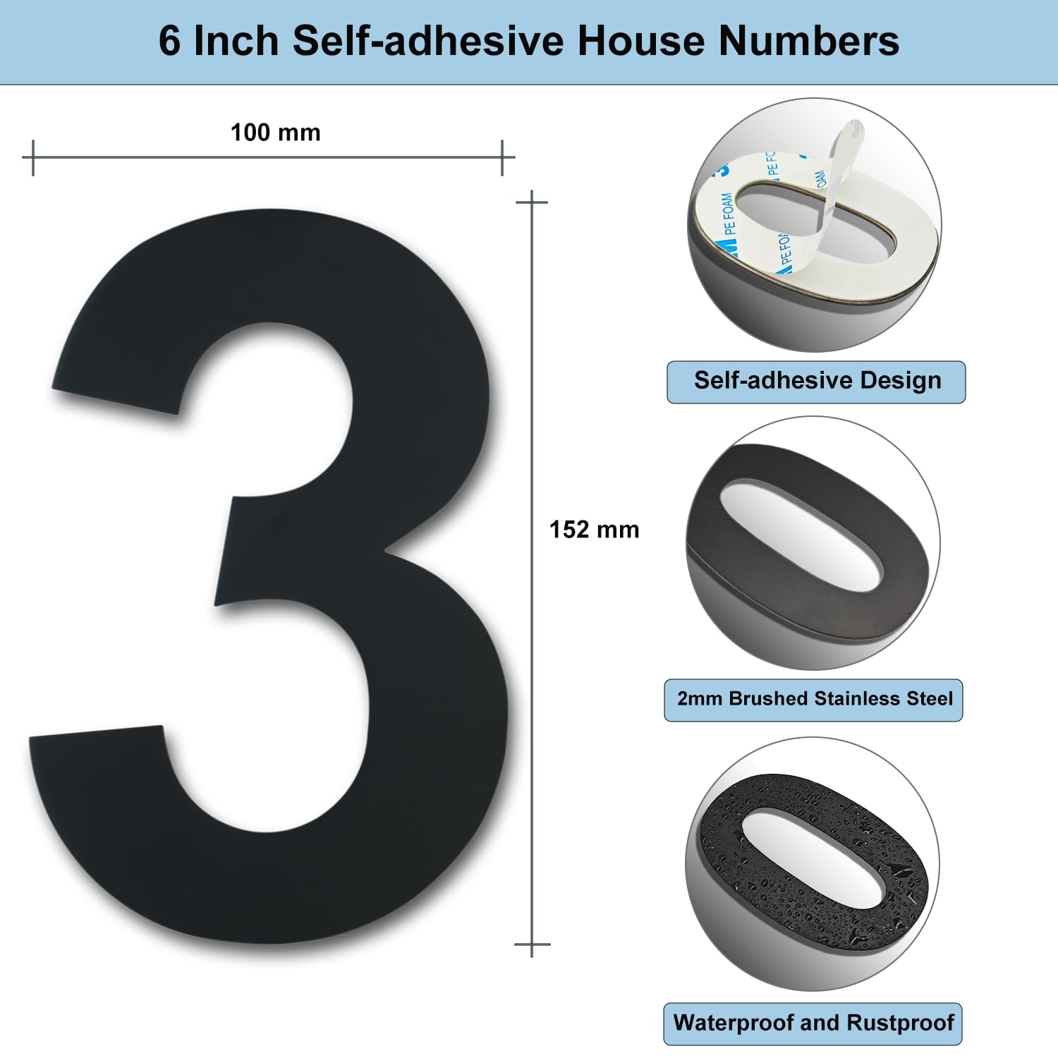 Ywonoby House Numbers, 6 Inch Door Numbers Large Self adhesive Stainless Steel Metal House Numbers Sticker for House Mailbox Address Street Apartment Hotel Courtyard - Black(3)