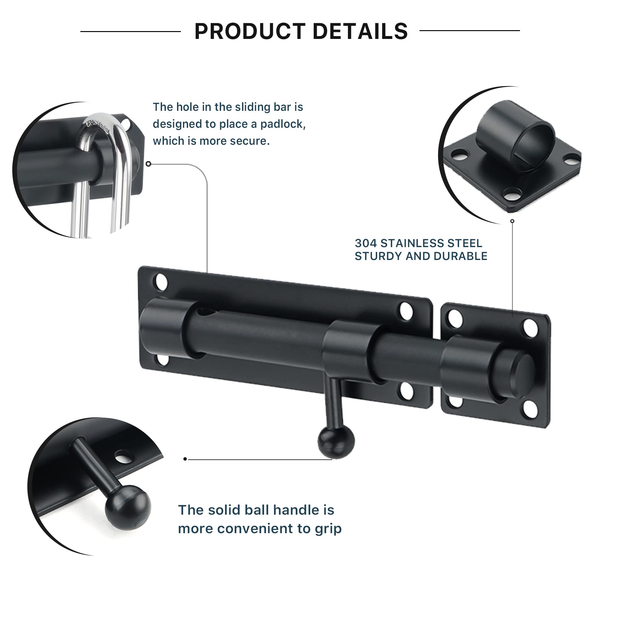 Sayayo Slide Gate Latch Bolt Safety Door Lock with Padlock Hole 150MM Length, 16MM Dia Bar, Heavy Duty Solid SUS304 Stainless Steel Matte Black(Not Include Padlock), EMS8000-B