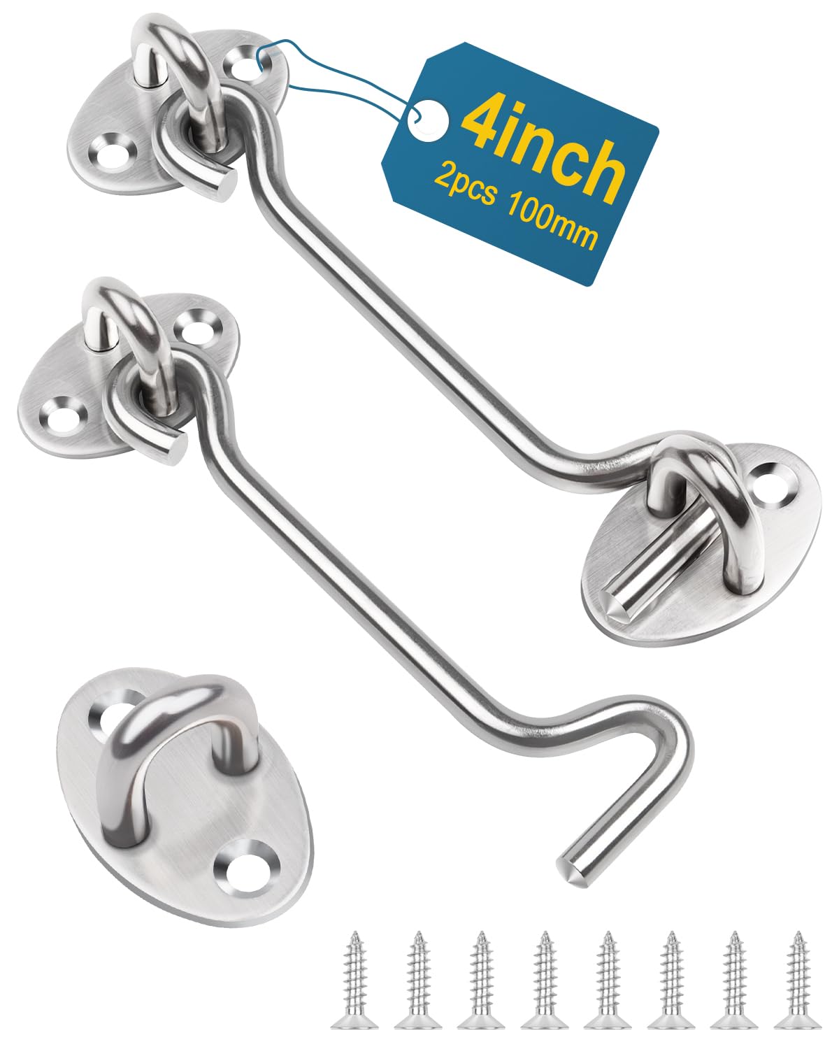 4 Inch Hook and Eye Latch, Leryati 2Pcs 100mm Silver Gate Hook Stainless Steel Cabin Hook, Hook Eye Latch Door Lock Hook Lock, Latch Apply to Wooden Gates, Window Brace Gate Door Catch