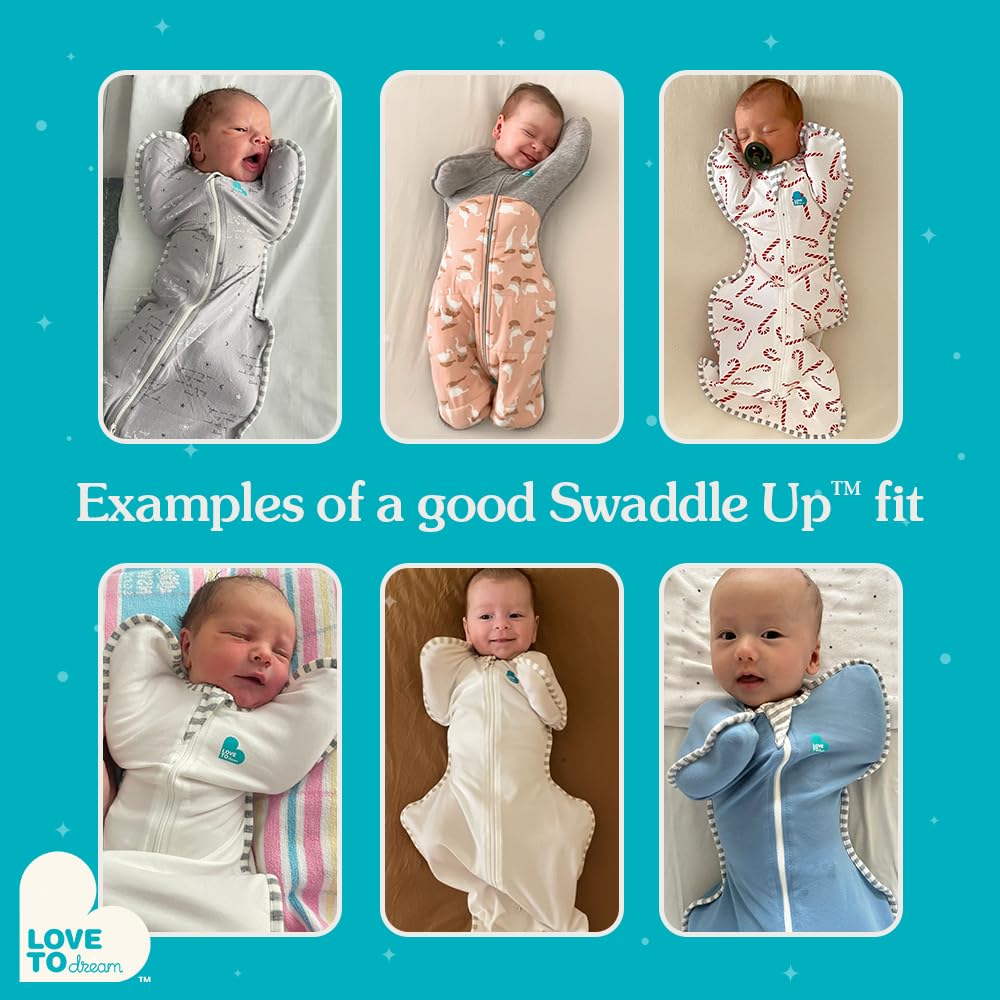 Love To Dream Swaddle UP Viscose from Bamboo Jersey Lite, Ultra-light Fabric for Warm Temperatures (24-27°C), Arms Up Position, Baby Essentials for Newborn (Kisses White, Newborn (2.2-3.8kg))