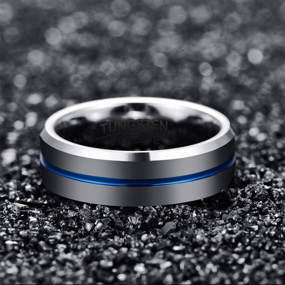 NUNCAD Basic 8mm Tungsten Steel Color Ring Thin Blue Grooved Wedding Band for Men Women Size N