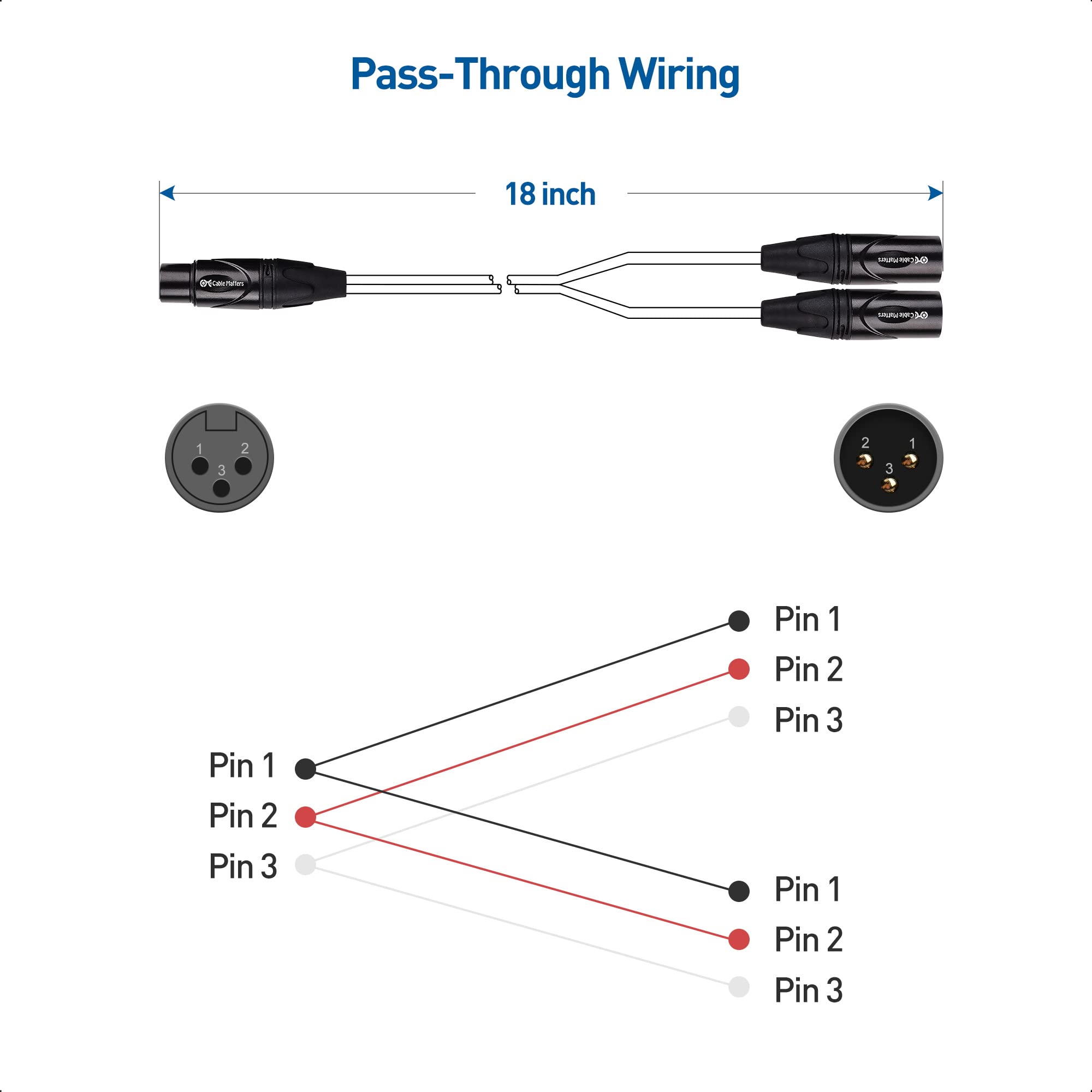 Cable Matters 2-Pack XLR Splitter Cable, Female to 2 Male XLR Y Cable 45 cm, Microphone Patch Y Cable, XLR Female to Dual XLR Male 3 Pin Splitter Cord Audio Adapter