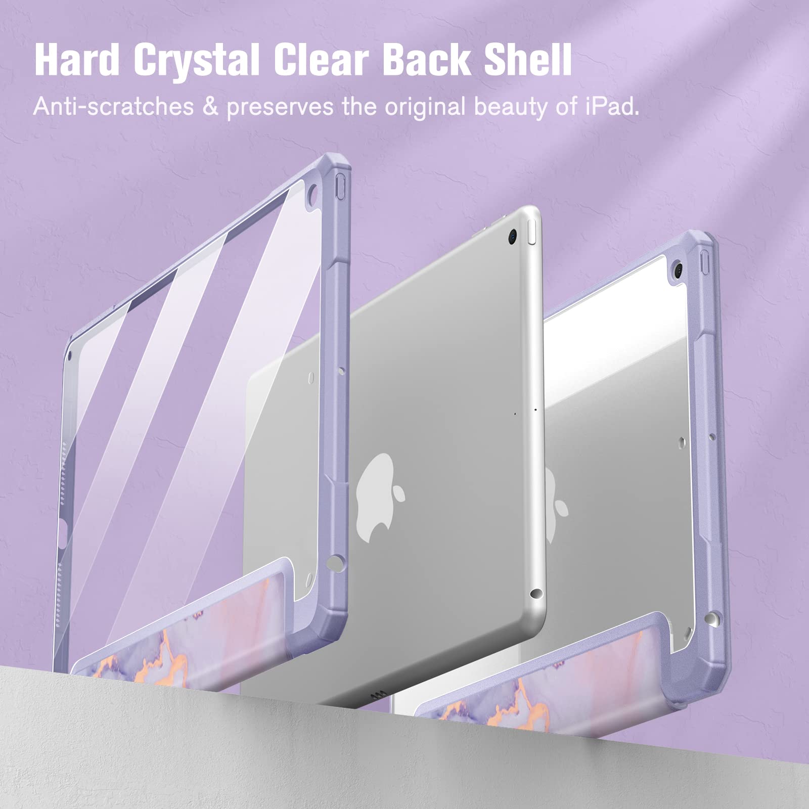 FINTIE Hybrid Case Compatible with iPad 9th/8th/7th Generation (2021/2020/2019 Model, 10.2 inch) - Shockproof Cover with Clear Back Shell w/Pencil Holder, Auto Wake/Sleep, Lilac Marble