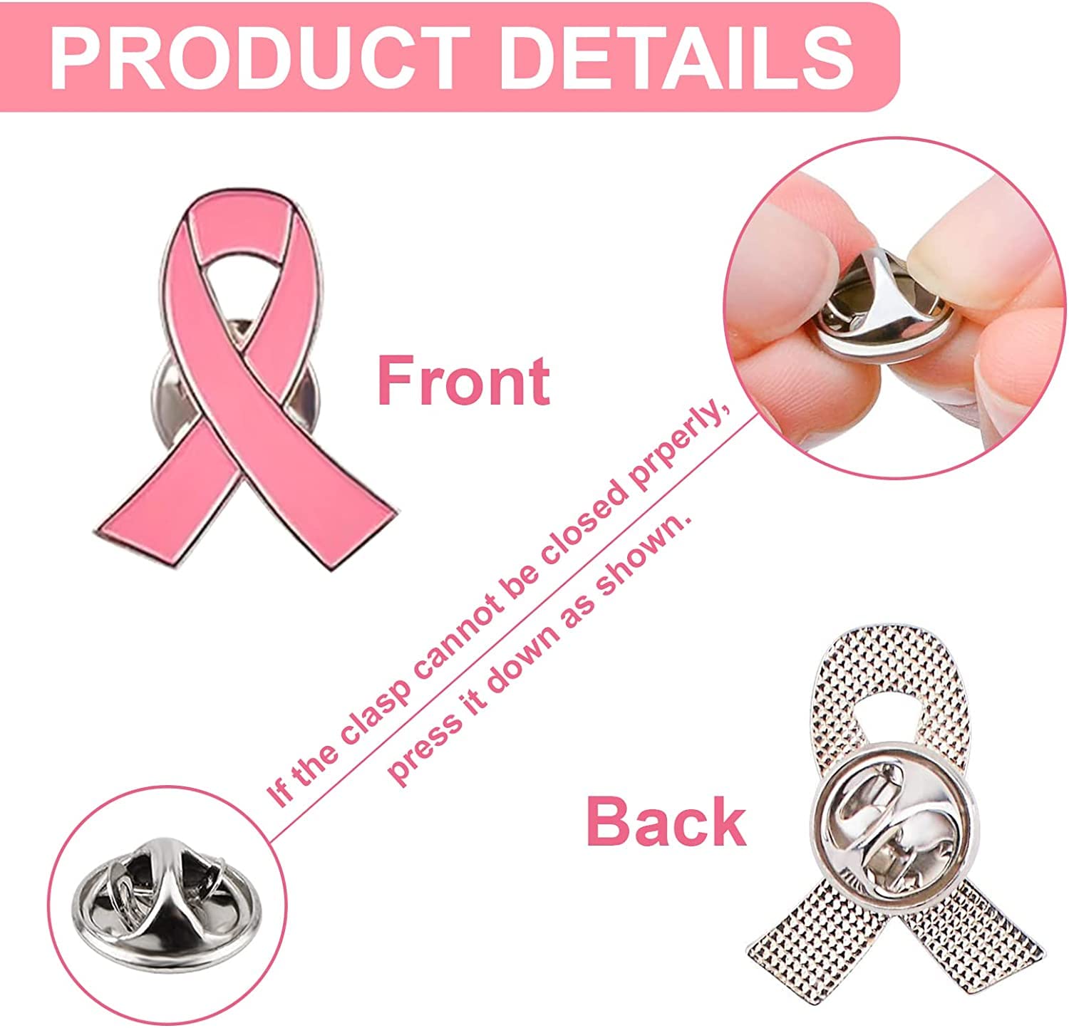 WANDIC Ribbon Pin Charms, Metal Awareness Lapel Pin Ribbon Brooch Mixed Color Lapel Pins Hope Pins Enamel Jewelry Pins for Decoration (Pink, 20)