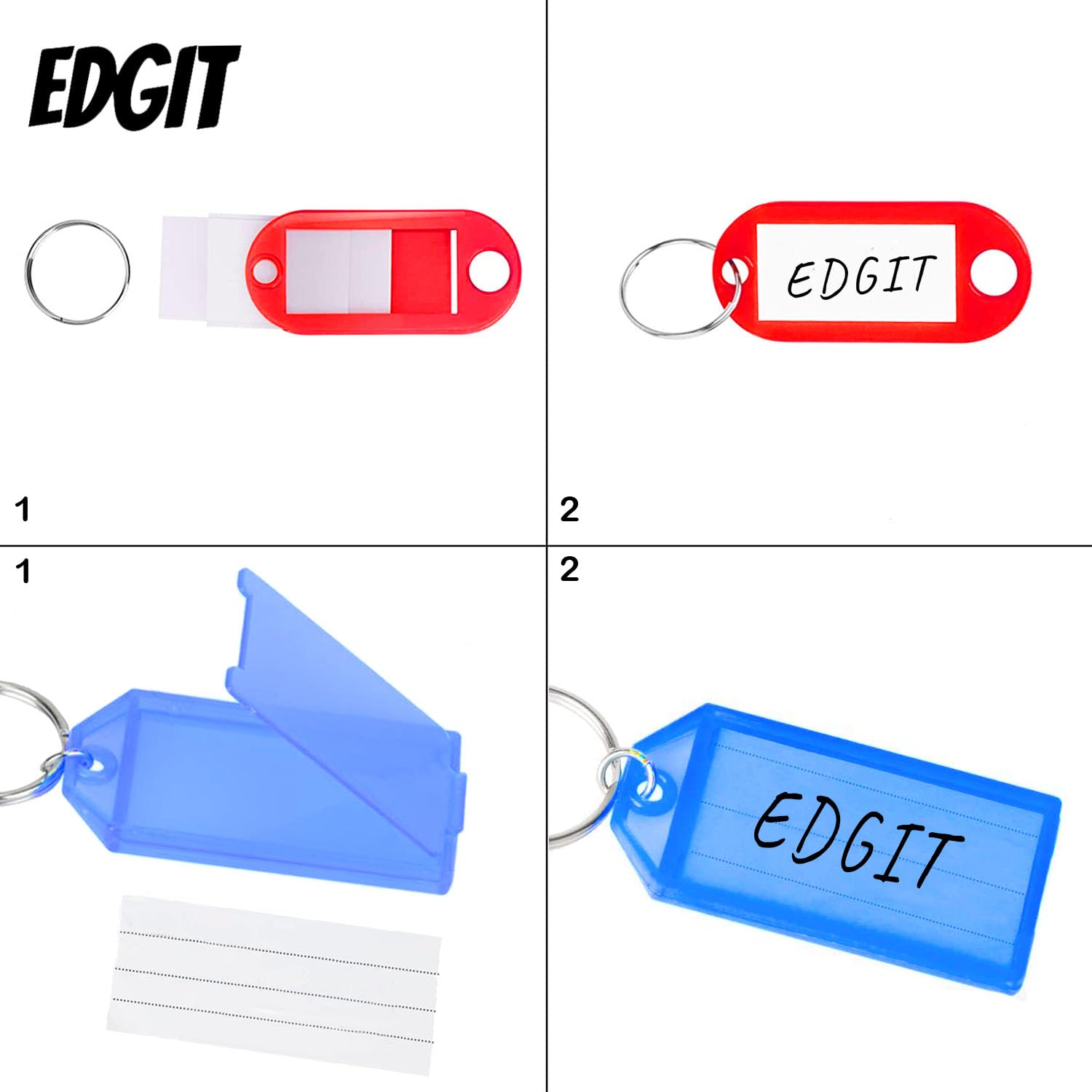 EDGIT 40 Pack Multi Design Key Tags with Labels - Key Rings with Labels in Convenient Storage Box, Key Fobs with Labels, Pets, Memory Stick, Keyrings with Labels