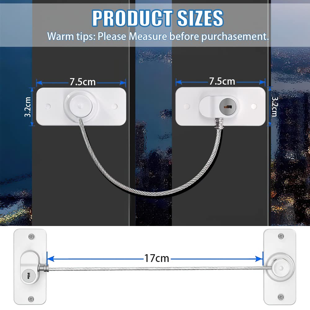 4 Pack Window Restrictors for UPVC Windows, Safety Locks with Key Cable Lock Door Fridge Cupboard for Children,Drillable/Self-Adhesive