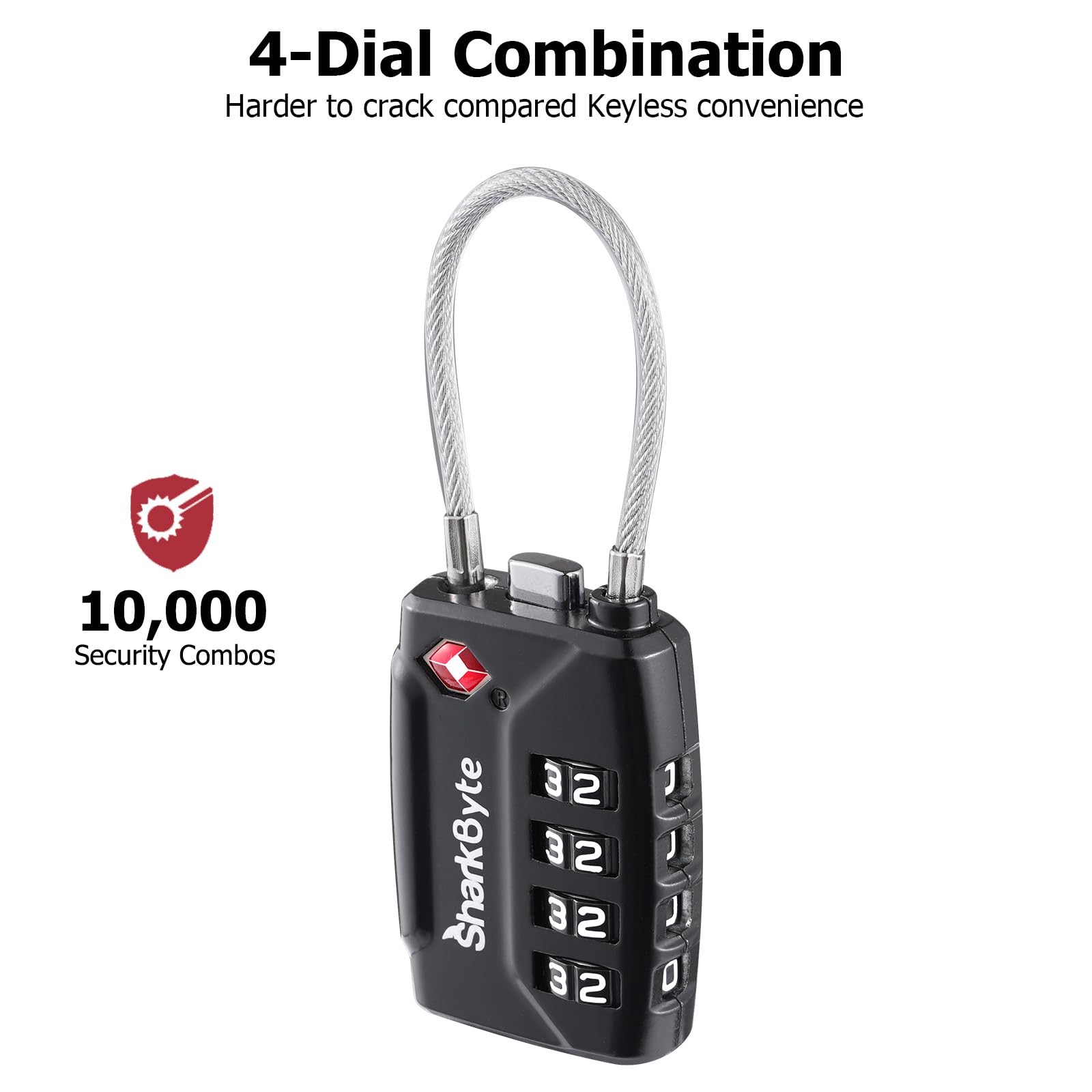 SharkByte TSA Suitcase Locks - 4-Dial Security Travel Combination Padlock, Flexible Cable Travel Lock for Suitcases Luggage Case Travel Bag Gym Locker Code Small Padlock (Pack of 1)