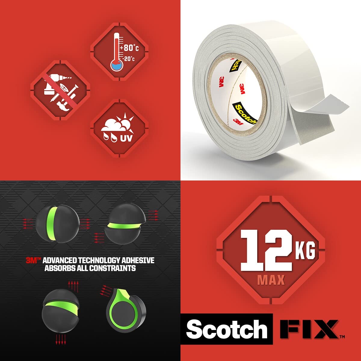 Scotch-Fix Extreme Interior Mounting Tape PGS05-1918-P, 19mmx1,8m, 1 roll/pack (Packaging May Vary), Grey