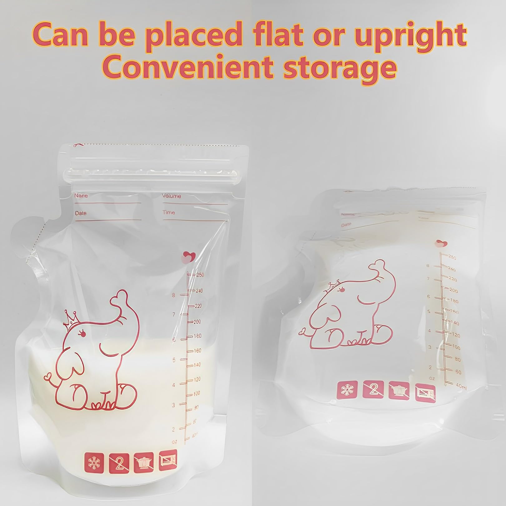 MORJCG 50 Pcs Breast Milk Storage Bag, 250ml Disposable Bags, Bags Breastfeeding, No-Leak Freezer Pouches, for (Elephant Pattern)