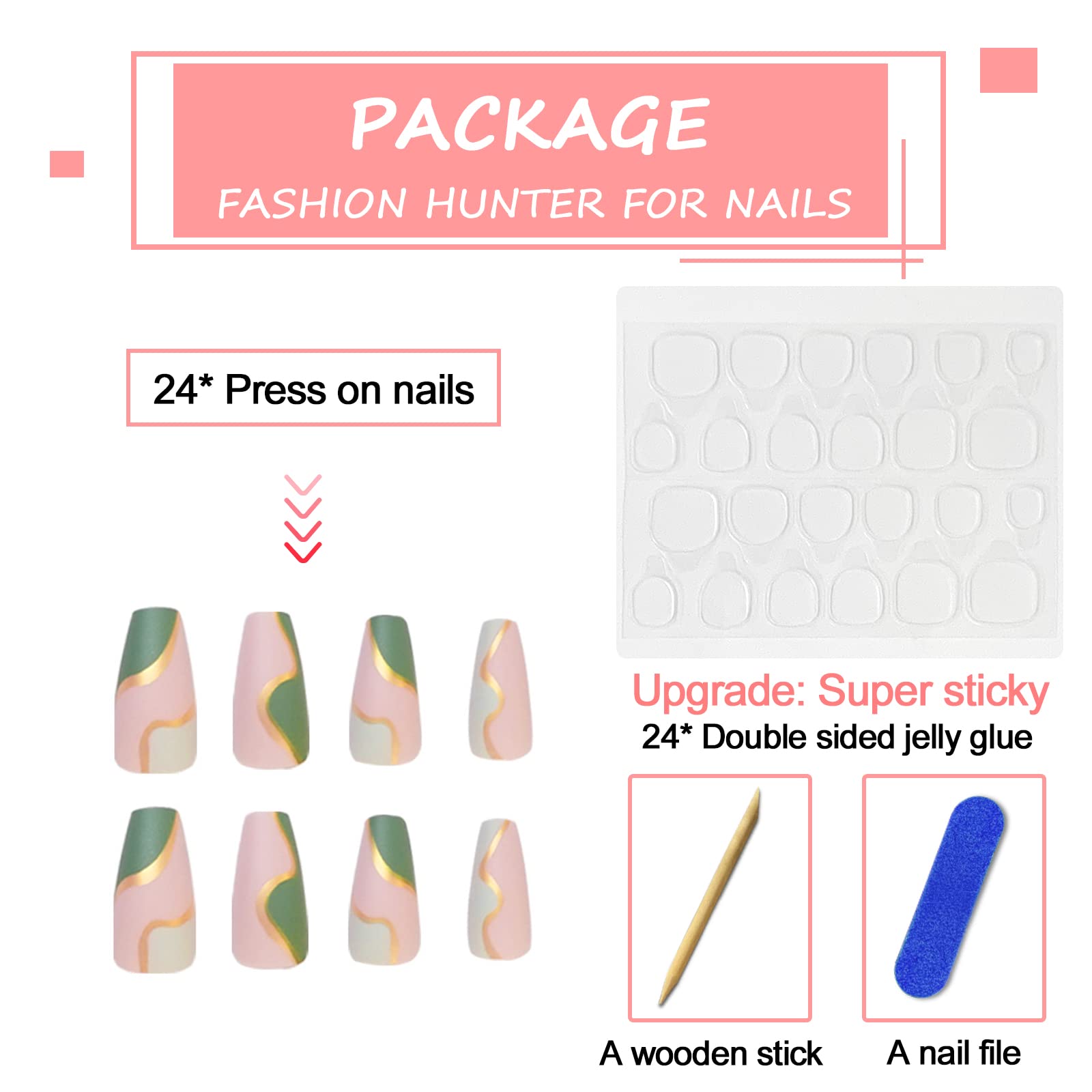 24Pcs Medium Press on Nails Coffin, French Green Glossy Acrylic False Nails with Glue Sticker, Full Cover Matte Fake Nails for Women and Girls DIY Manicure Nail Art