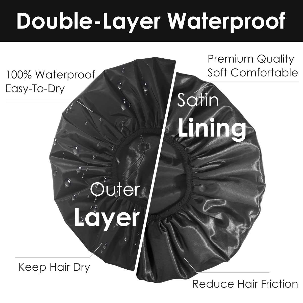 Auban Extra Large Shower Cap, Double-Layer Waterproof Reusable, XL Satin Lining Shower Bonnet for Women Thick, Long Hair, Locs, Braids(Adjustable)