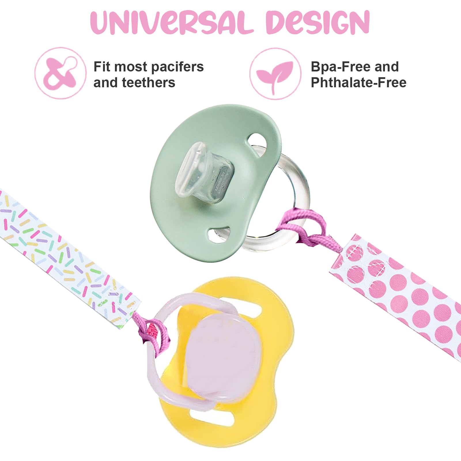 8Pcs Dummy Clip Girls, Baby Pacifier Clips Soother Clip Chains Dummy Strap Silicone Ring Adapter for All Dummies Soothers Teething Toys Newborn Essentials