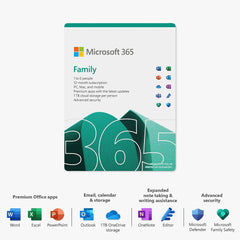 Microsoft 365 Family   Office 365 apps   up to 6 users   1 year subscription   Multiple PCs/Macs, Tablets and Phones   multilingual   Box