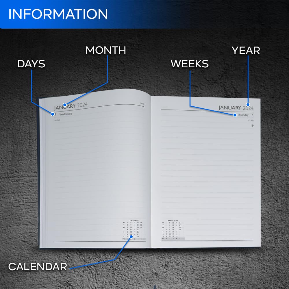 ZYBUX - 2024 Diary A4 Day A Page with Half Page Saturday & Sunday   Hardcover with matching ribbon bookmark (A4, Black)