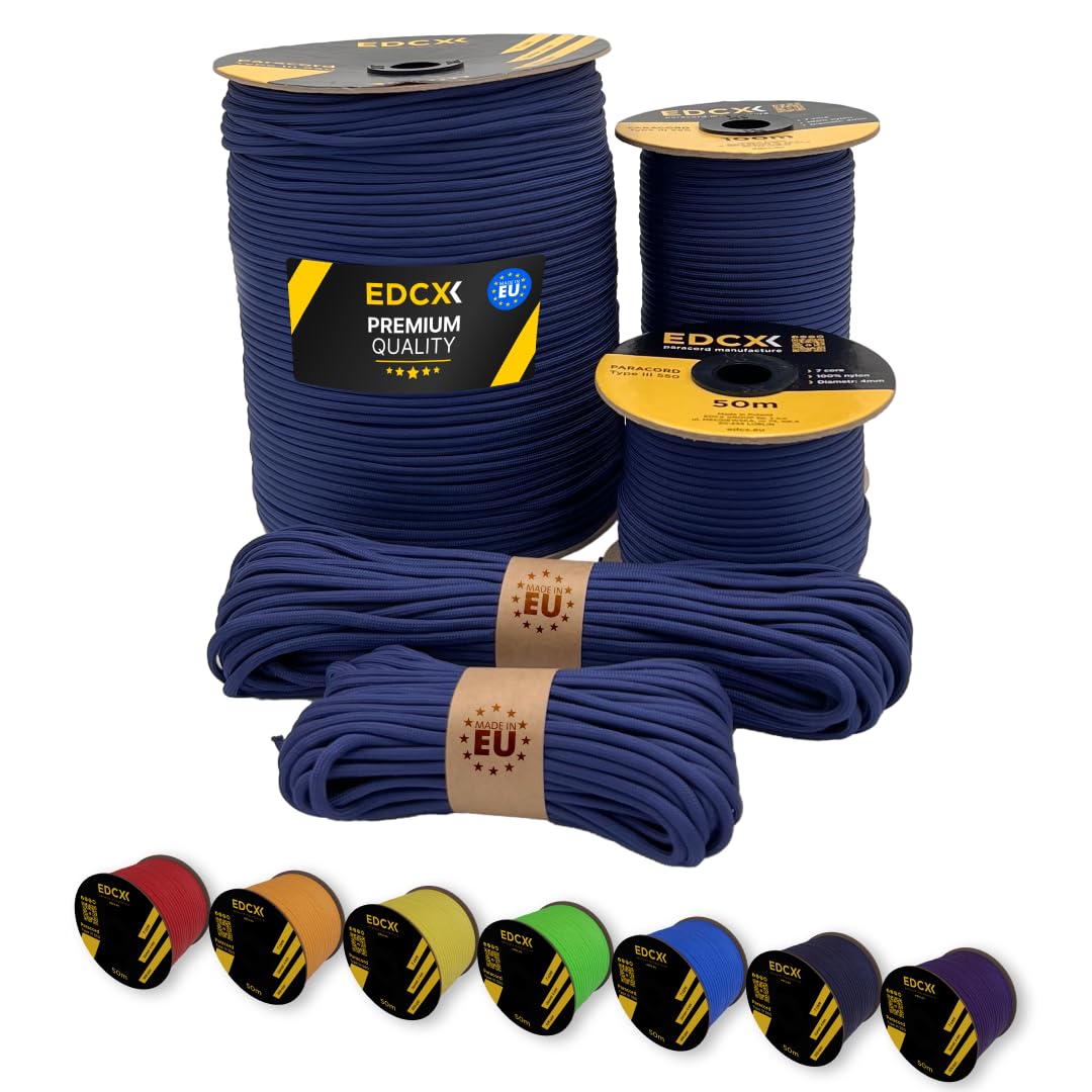 EdcX Paracord 4mm, 35and Solid Colors (10m, 15m, 30m, 50m, 100m, 300m)   Ideal for Crafting, DIY, Camping, Survival, Outdoor   100% Nylon Rope 4mm   Tactical Cord 550 Type III (Navy Blue, 15 m)