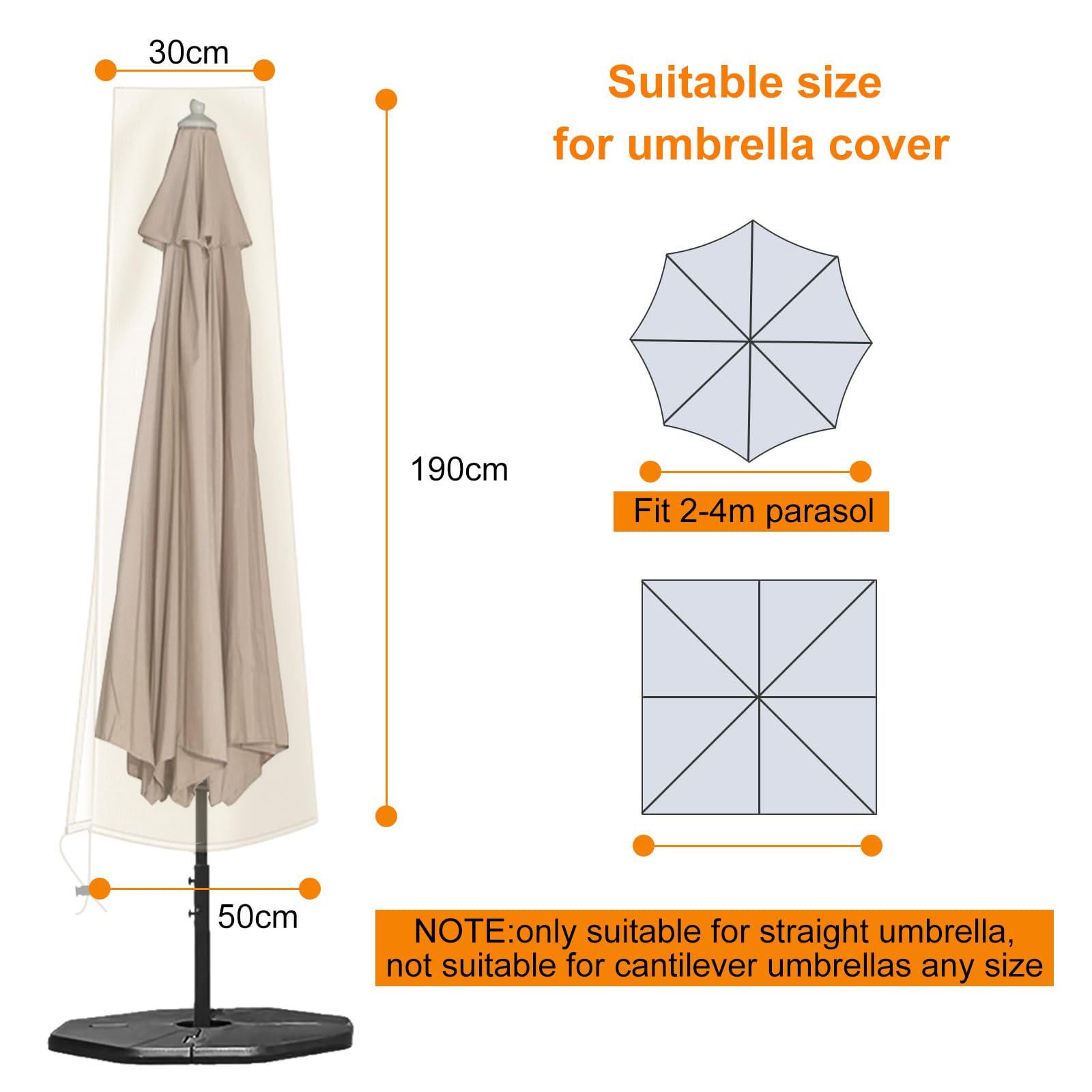 OKPOW Parasol Covers Waterproof 600D Oxford Fabric Garden Umbrella Cover with Zip (190 * 30 * 50cm), for 2.5m 2.7m 3m Patio Outdoor Umbrella (Khaki)