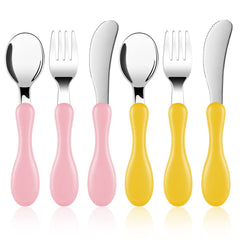 Vicloon Baby Fork and Spoon, 6 PCS Toddler Utensils Spoons Forks Tableware Set, Toddler Utensils Stainless Steel Baby Forks and Spoons, Baby Feeding Cutlery Utensil Weaning Spoon for Kids（Yellow/Pink）