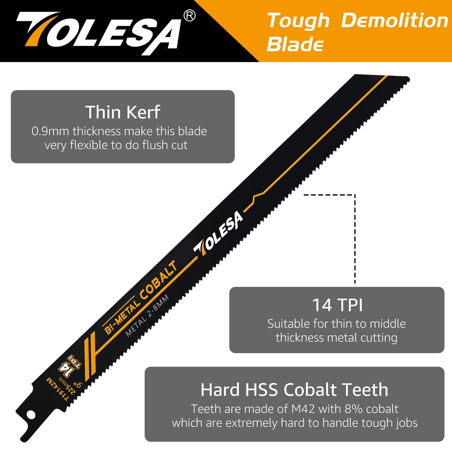 TOLESA Heavy Metal Cutting Reciprocating Saw Blades 225mm 14TPI Sawzall Blades for Metal Pipe, Sheet Metal, Rebar, Bi-Metal Sabre Saw Blades Better Wear Resistance for Metal Cutting 5 Pack