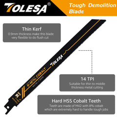 TOLESA Heavy Metal Cutting Reciprocating Saw Blades 225mm 14TPI Sawzall Blades for Metal Pipe, Sheet Metal, Rebar, Bi-Metal Sabre Saw Blades Better Wear Resistance for Metal Cutting 5 Pack