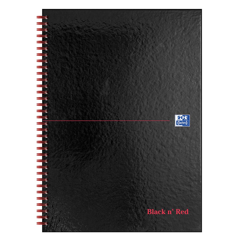 Oxford Black n' Red Ruled A-Z Wirebound Hardback A4 Notebook, 140 Pages,Black/Red