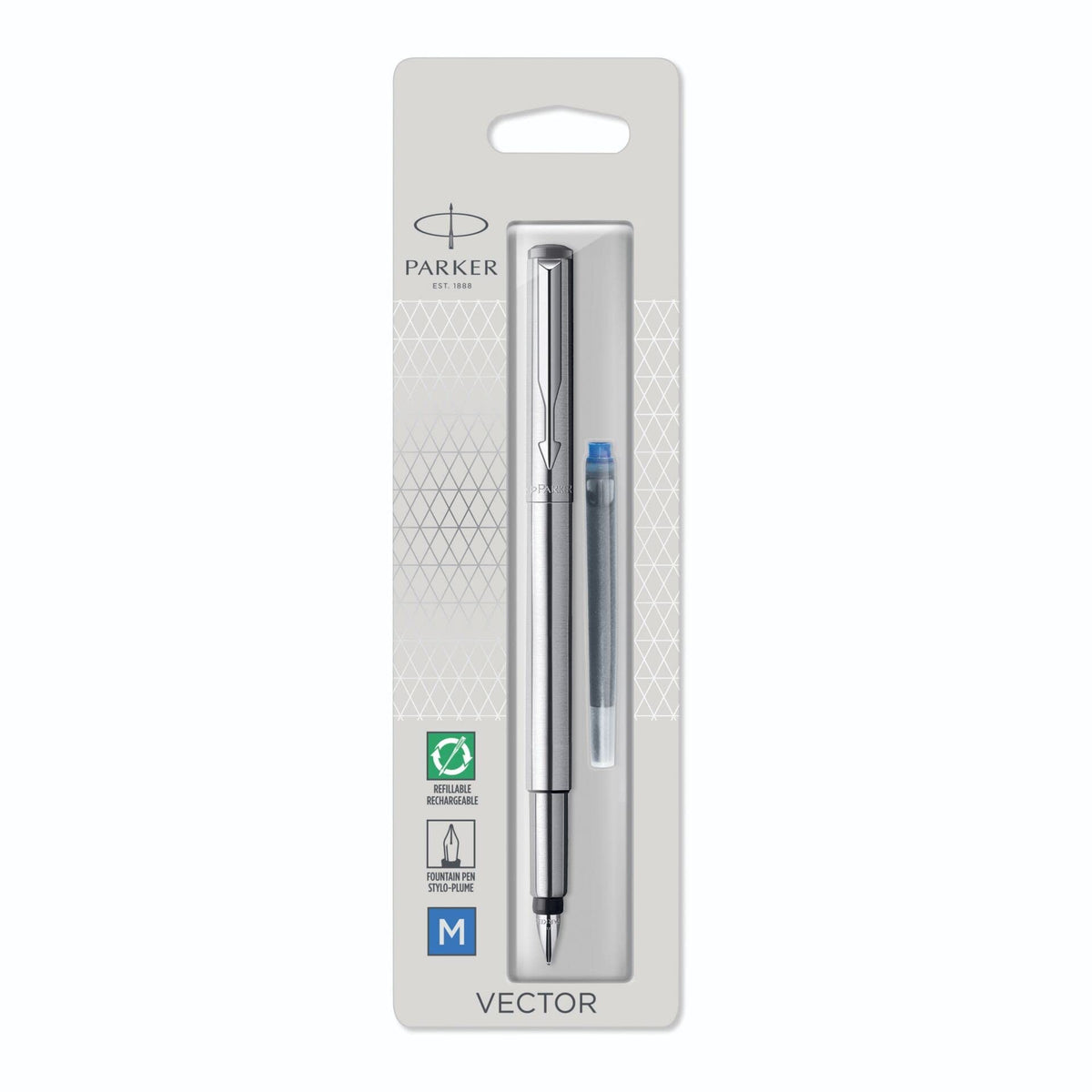 Parker Vector Fountain Pen   Stainless Steel with Chrome Trim   Medium Nib   Blue Ink   Hangtab