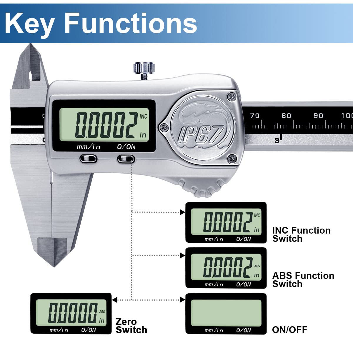 Kynup IP67 Waterproof Digital Caliper, 150mm Calipers Measuring Tool with Absolute Origin, Vernier Calipers Metal Digital, MM/Inch Conversion, Extreme Accuracy Electronic Caliper for Industry,150mm