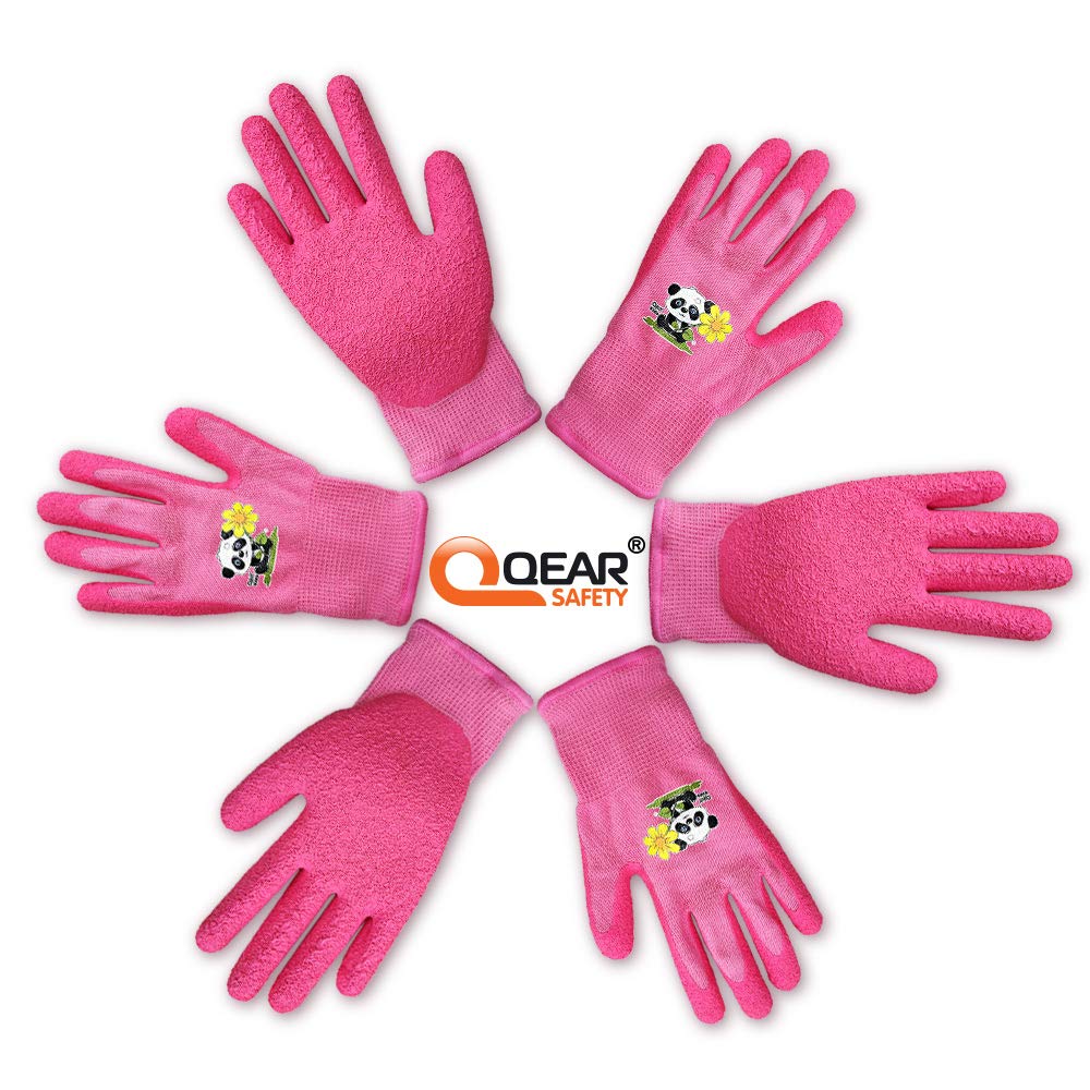 QEARSAFETY 1 Pair 7-9 Years Junior Garden Gloves, Girl Pink,DIY, Outdoors, Knitted Liner,Latex Rubber Coated Palm Water/Dirty Resistance And Grip (7-9 years pink)