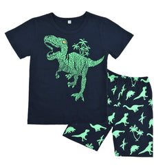 Boys Pyjamas Set Dinosaur Print Kids Pjs Pajama Short Sleeve Cotton Sleepwear Tops Shirts & Pants Nightwear Children Outfit - Deep Blue 02 - 4-5 Years