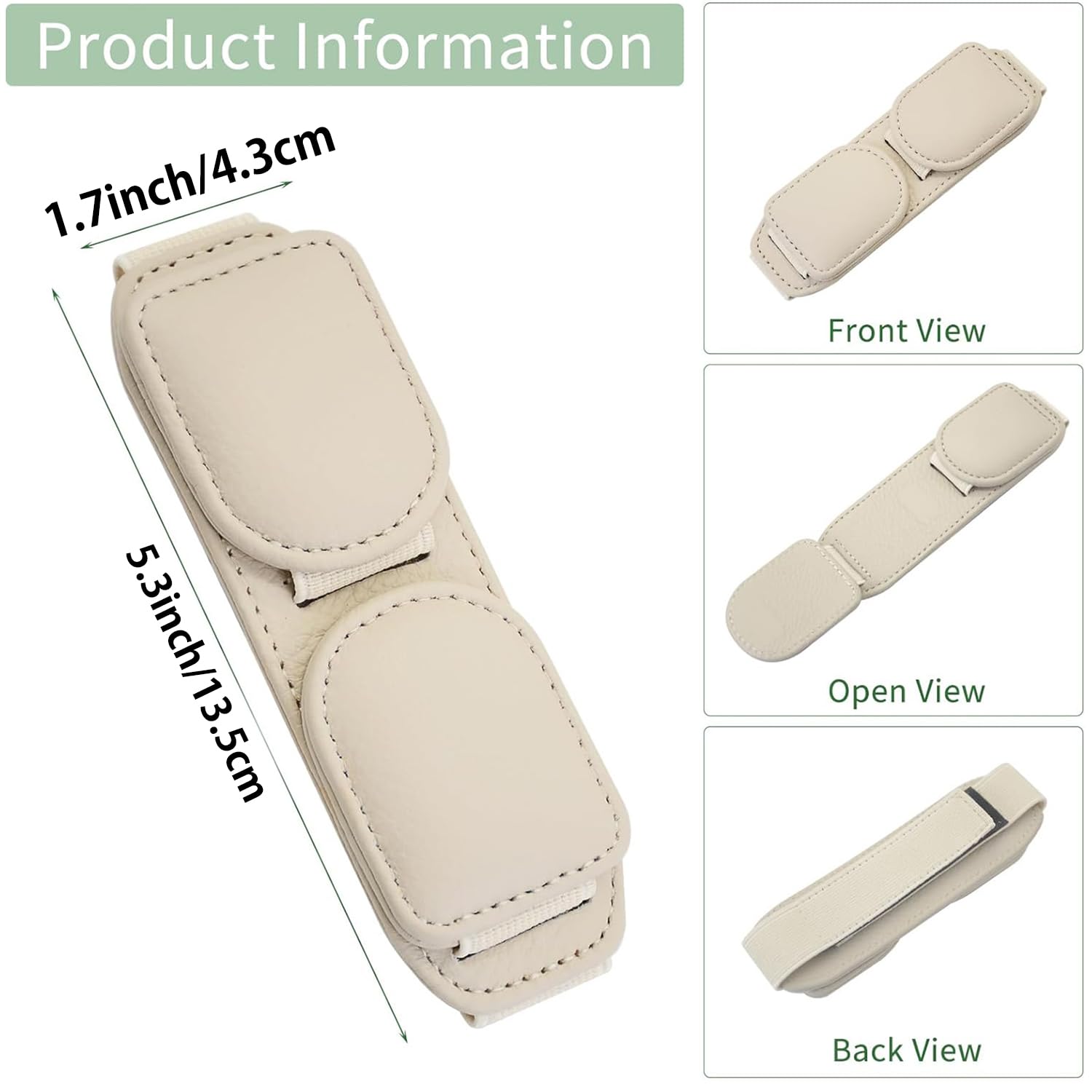 BILIONE Magnetic Leather Sunglass Holder,Car Glasses Clip for two glasses, Eyeglass Hanger Clip for Car Sun Visor, Suitable for Different Size Eyeglasses (Beige)