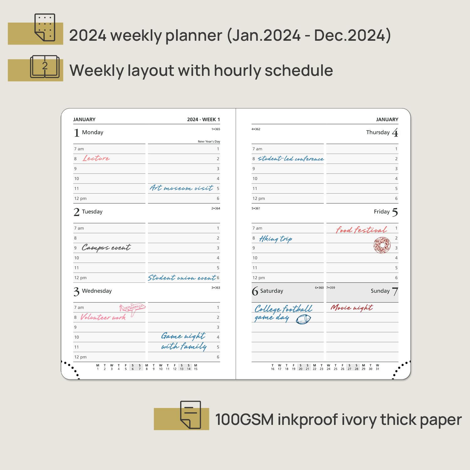 POPRUN Small Diary 2024 Pocket Diary A6 Week To View 16 x 10.5 cm Vegan Leather Soft Cover, 24 Weekly Planner with Work Appointment, 100GSM FSC® Paper - Mint Green