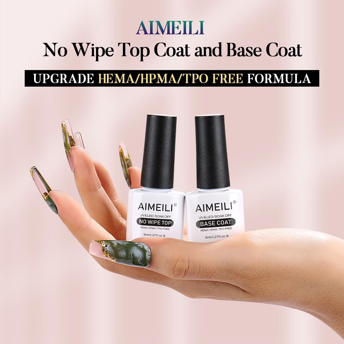 AIMEILI Gel Nail Polish Base Coat and Top Coat Set, 2×8ml Soak Off UV LED Gel Nail Varnish Lacquer Manicure Set, Gloss Shiny Long Lasting