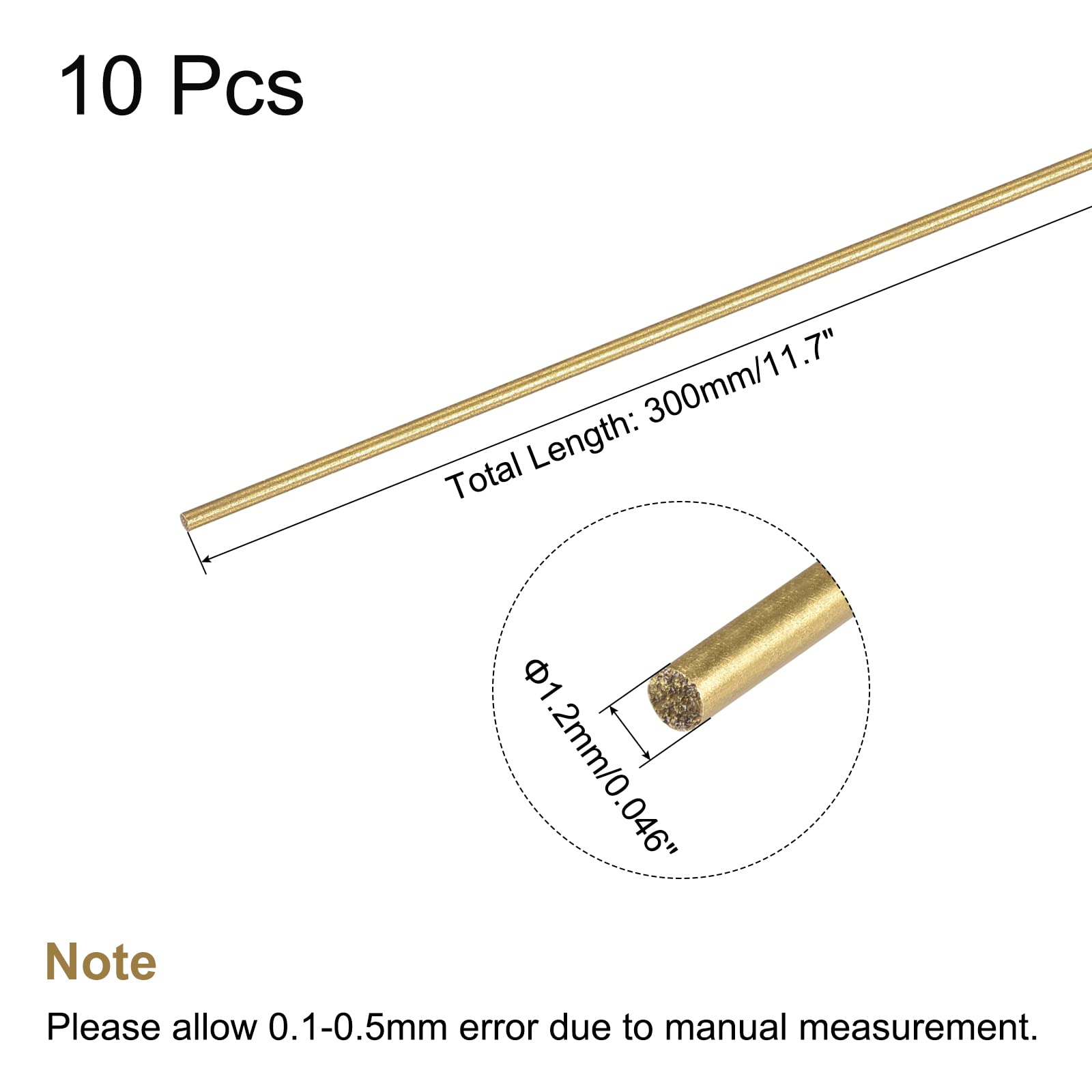 sourcing map Brass Rod,Brass Solid Round Rod 1.2mm Diameter 300mm Length Lathe Bar Stock for RC Model DIY Craft Pack of 10