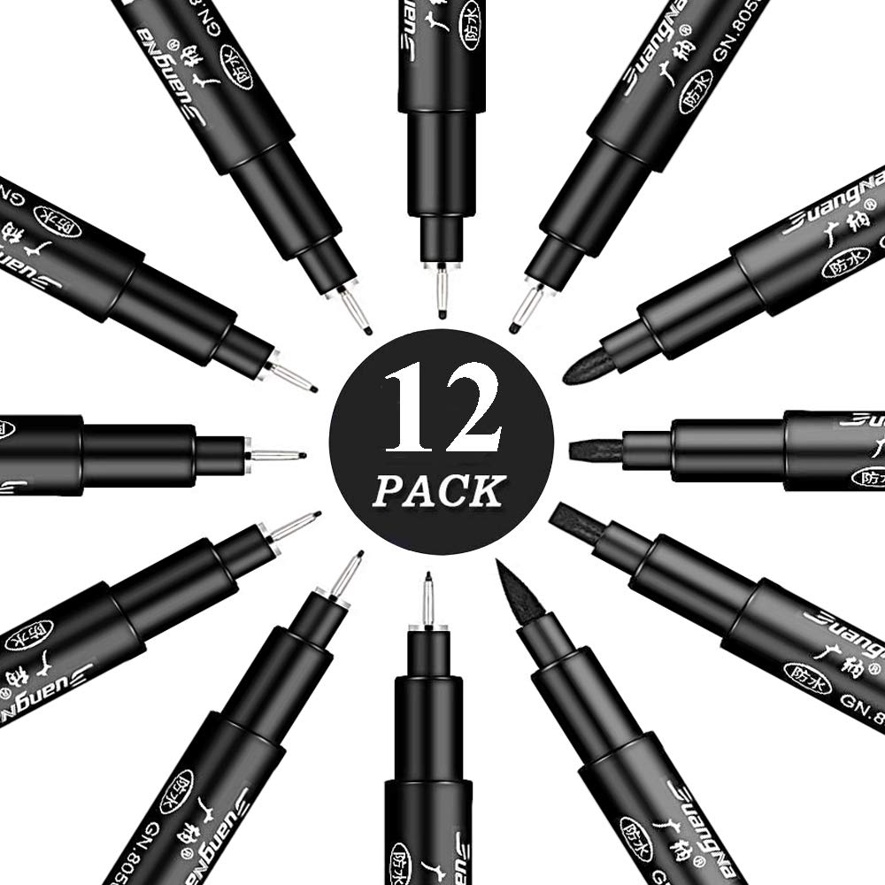 Gelanty Black Fineliner Pens Set 12 Pack Fineliners Technical Drawing Pens, Micro Liner Art Pens for Artist, Brush Pens for Art Sketching, Technical Drawing, Illustration, Comic