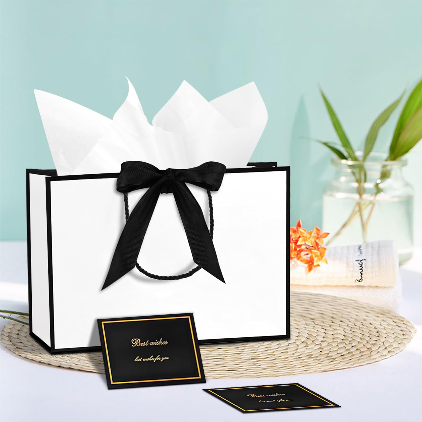 NADSSJL 6Pcs Gift Bags - Gift Bags Medium with 6 Bow Ribbons, 6 Tissue Papers, and 6 Cards. Party Bags with Handles for Weddings, Birthdays, Parties, Valentine's Day and Christmas (Black-White)